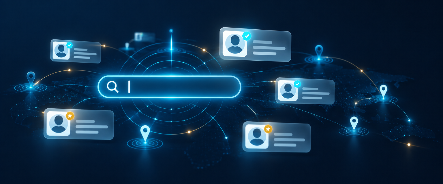 Illustration of a glowing search bar surfacing verified buyer leads
