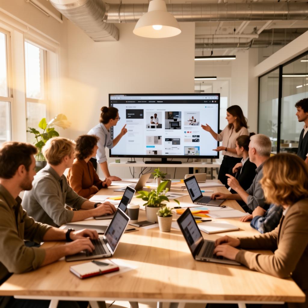 Agency team collaborating around a large screen reviewing client work in a sunlit modern studio