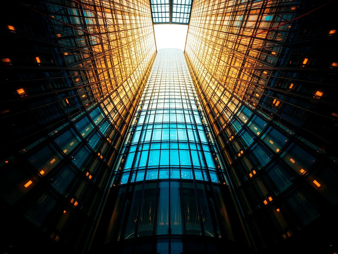 Atrium of a modern enterprise tower at golden hour