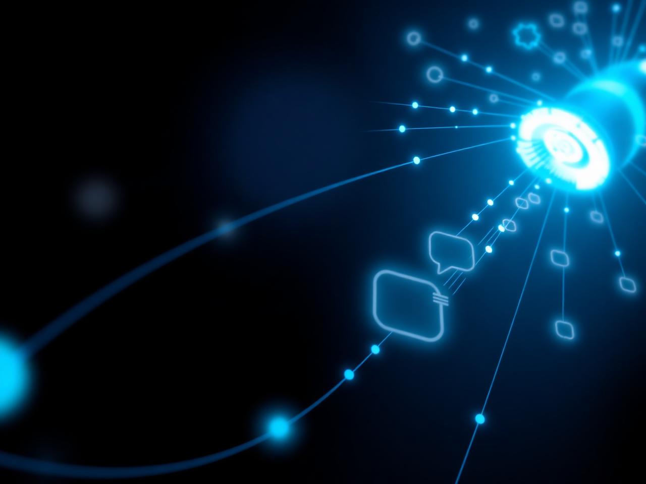 Glowing outbound pipeline of light streams converging into a conversation hub