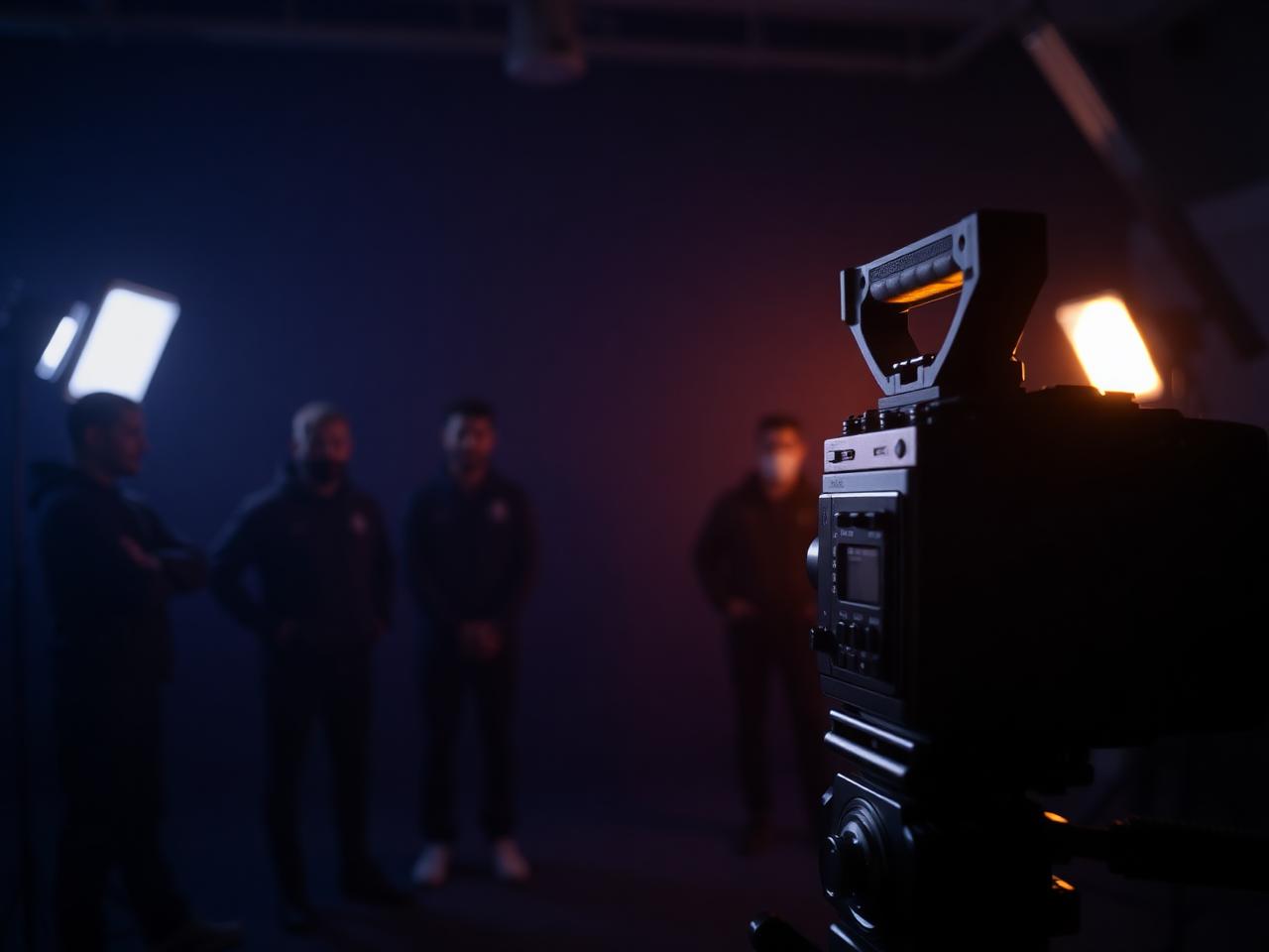 Cinema camera in foreground with production crew silhouettes on a lit set